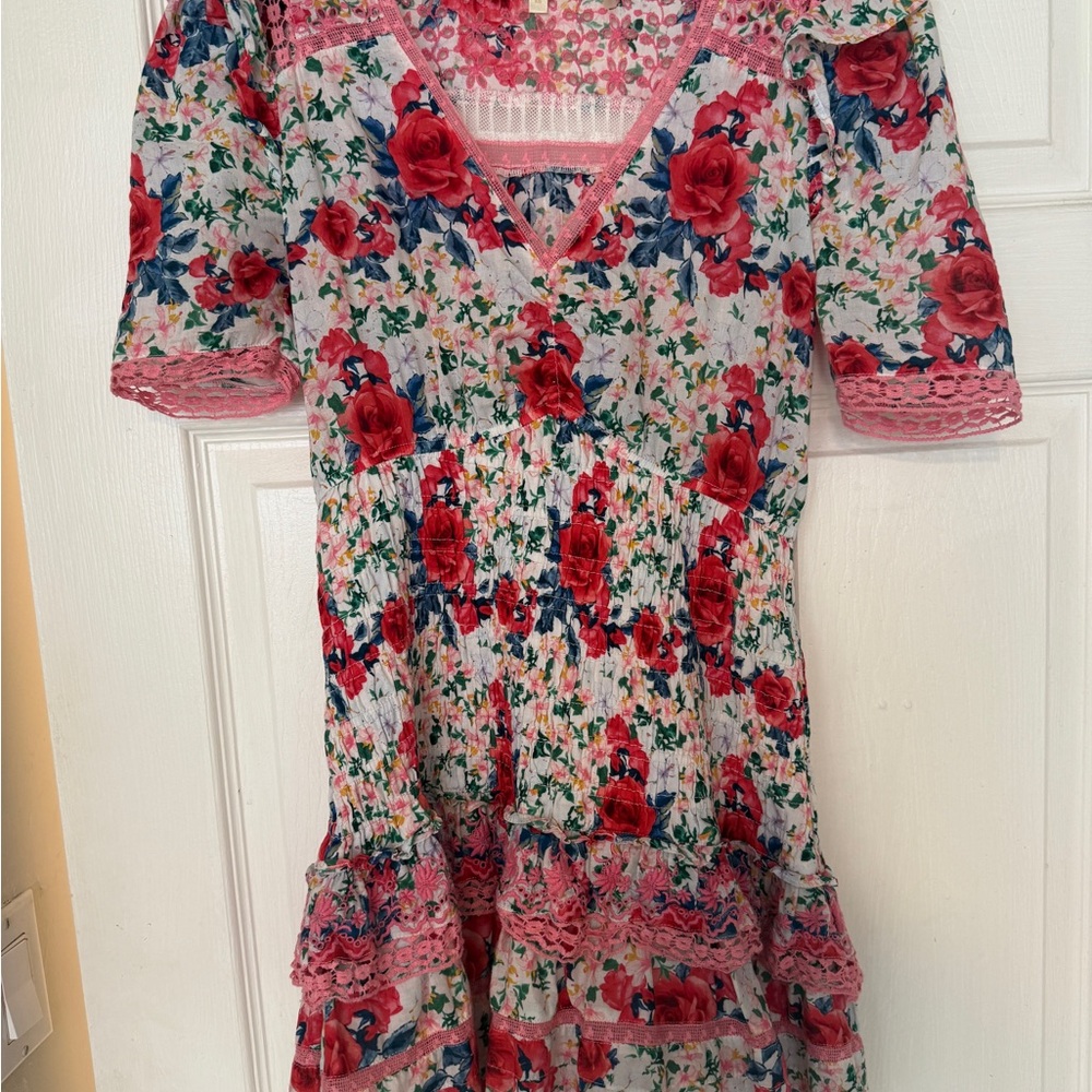 LoveShackFancy Floral Dress with Pink and Red Accents